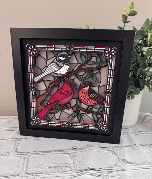 Stained glass redbird and flowers 3D paper art in a shadowbox
