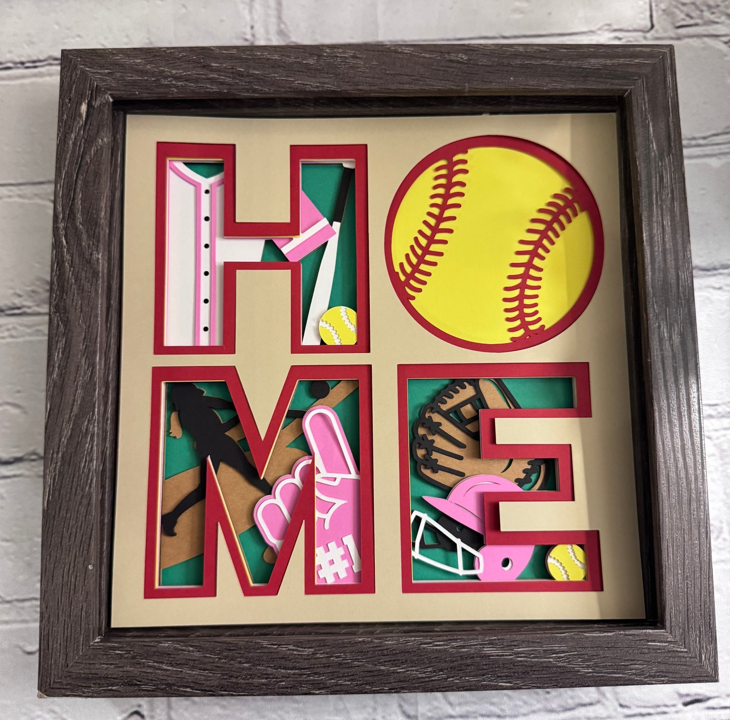 Home- Softball 3D paper art in a shadowbox
