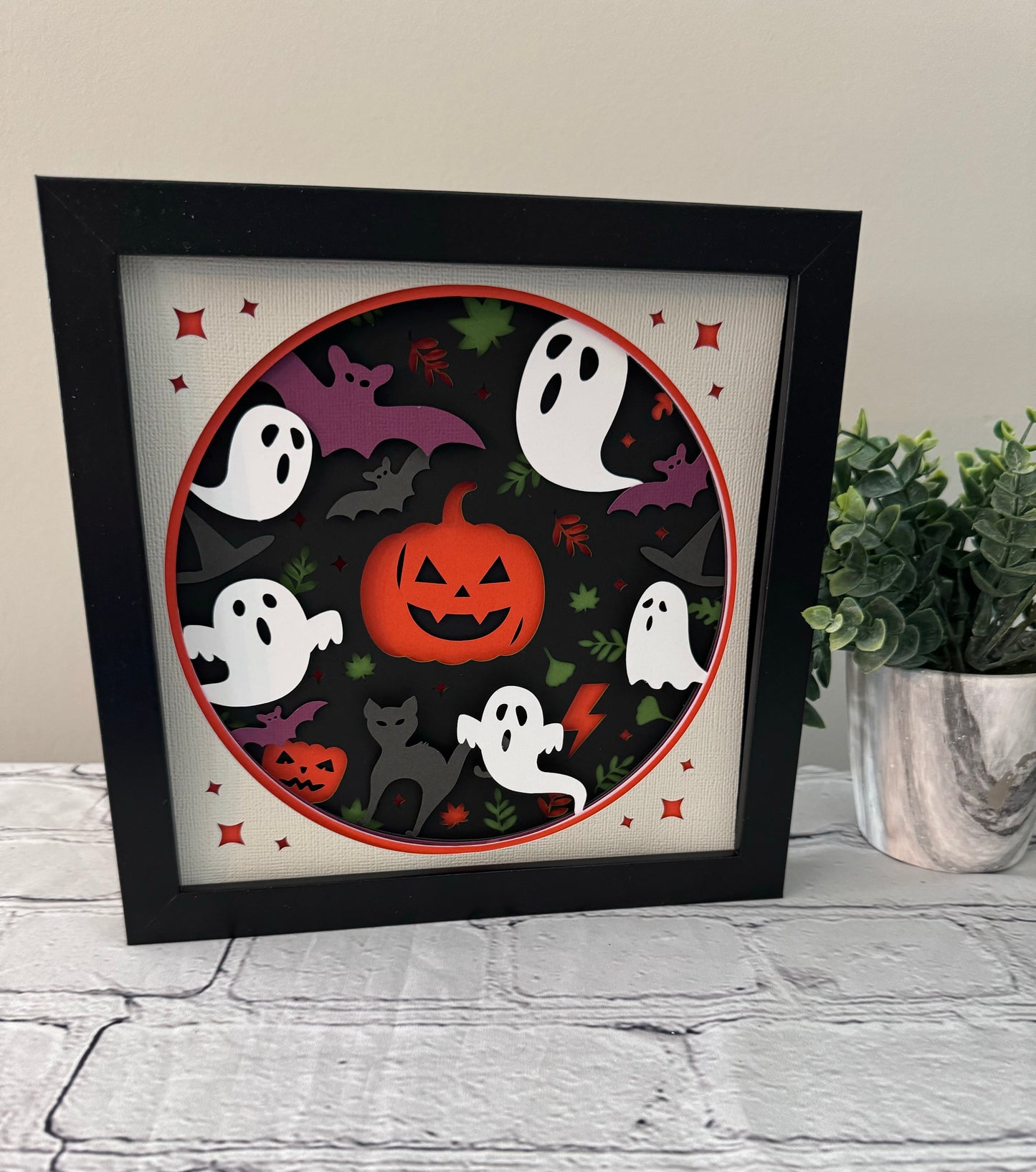 Pumpkin, ghost and bats design 3D paper art in a shadowbox