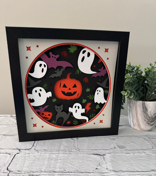 Pumpkin, ghost and bats design 3D paper art in a shadowbox