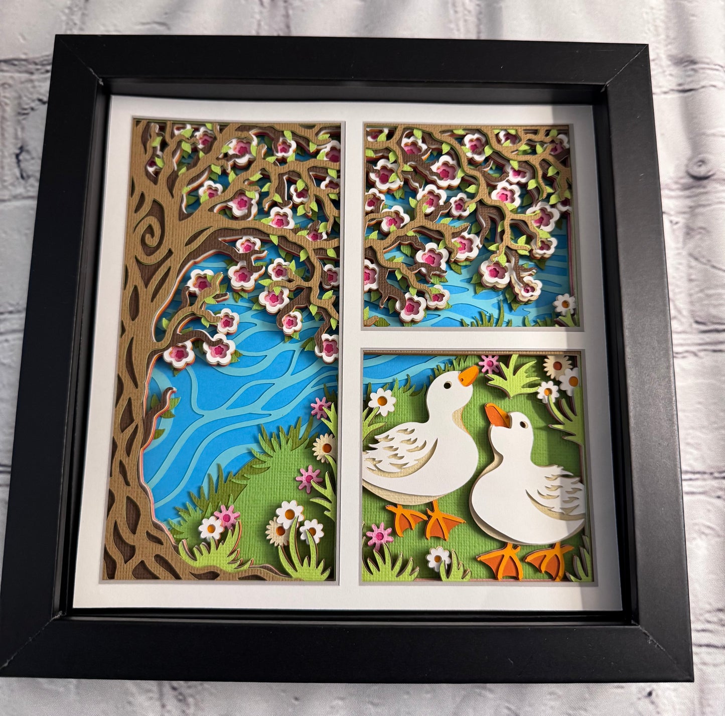 Spring ducks with flowering tree 3D paper art in a shadowbox