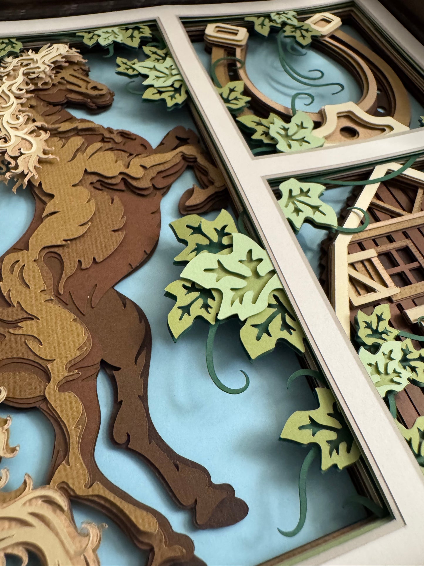 Horse with barn and horseshoe 3D paper art in a shadowbox