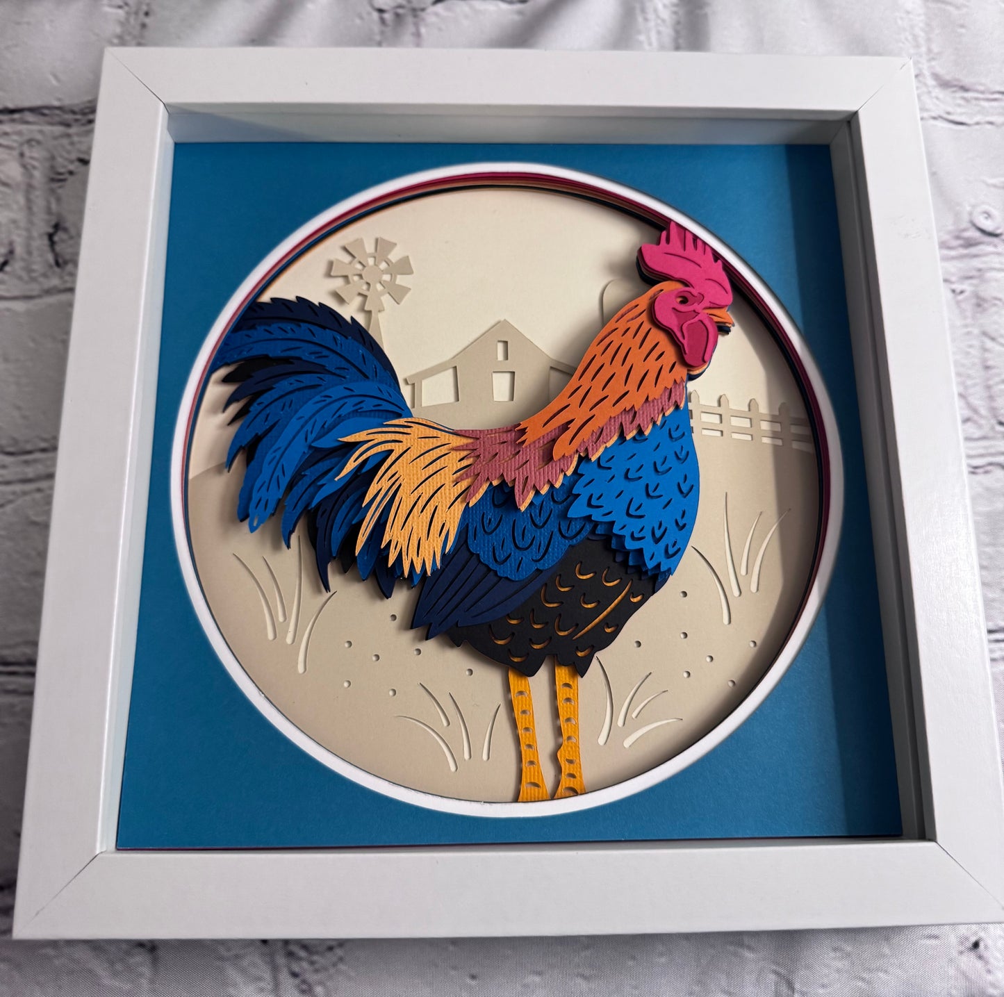 Rooster 3D paper art in a shadowbox