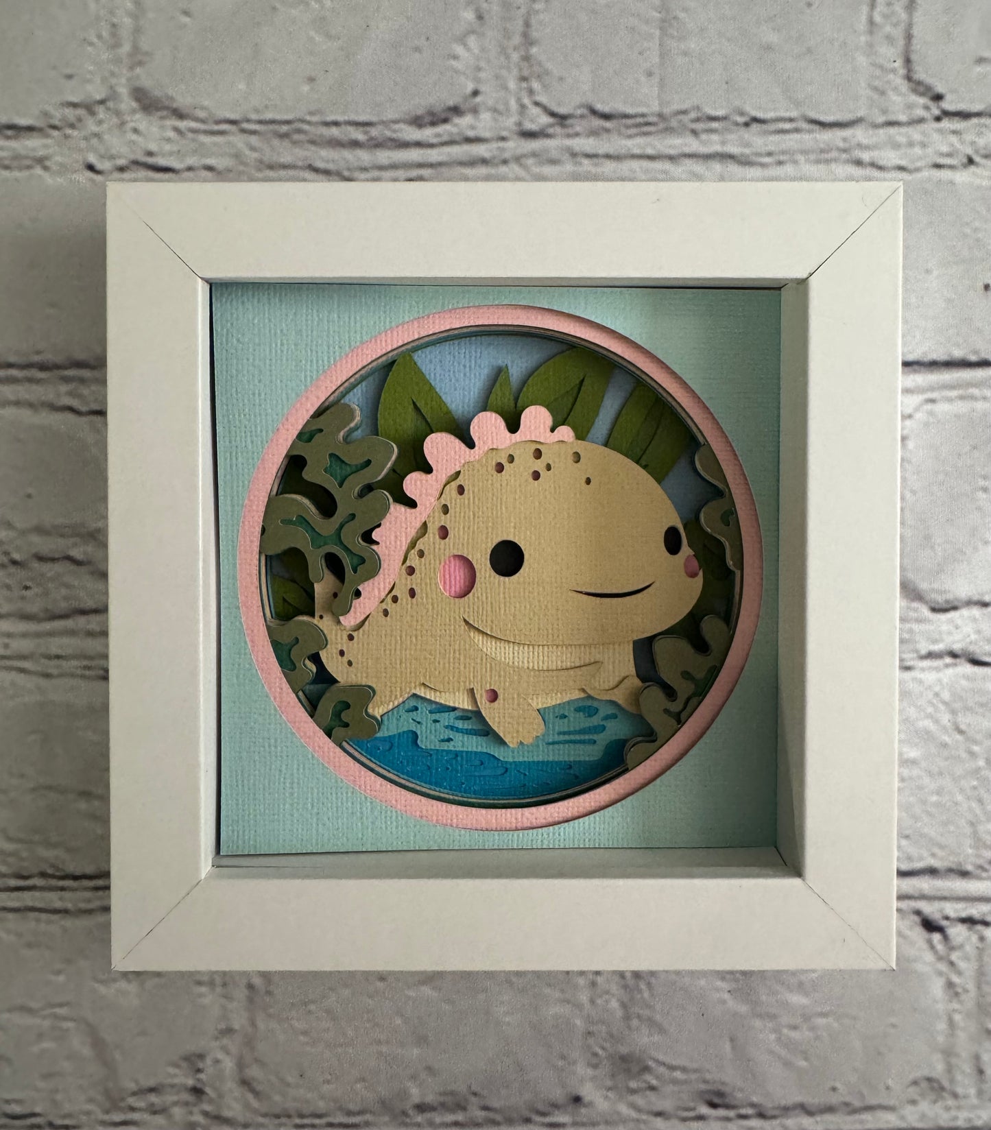 Axolotol mini 3D paper art in a shadowbox