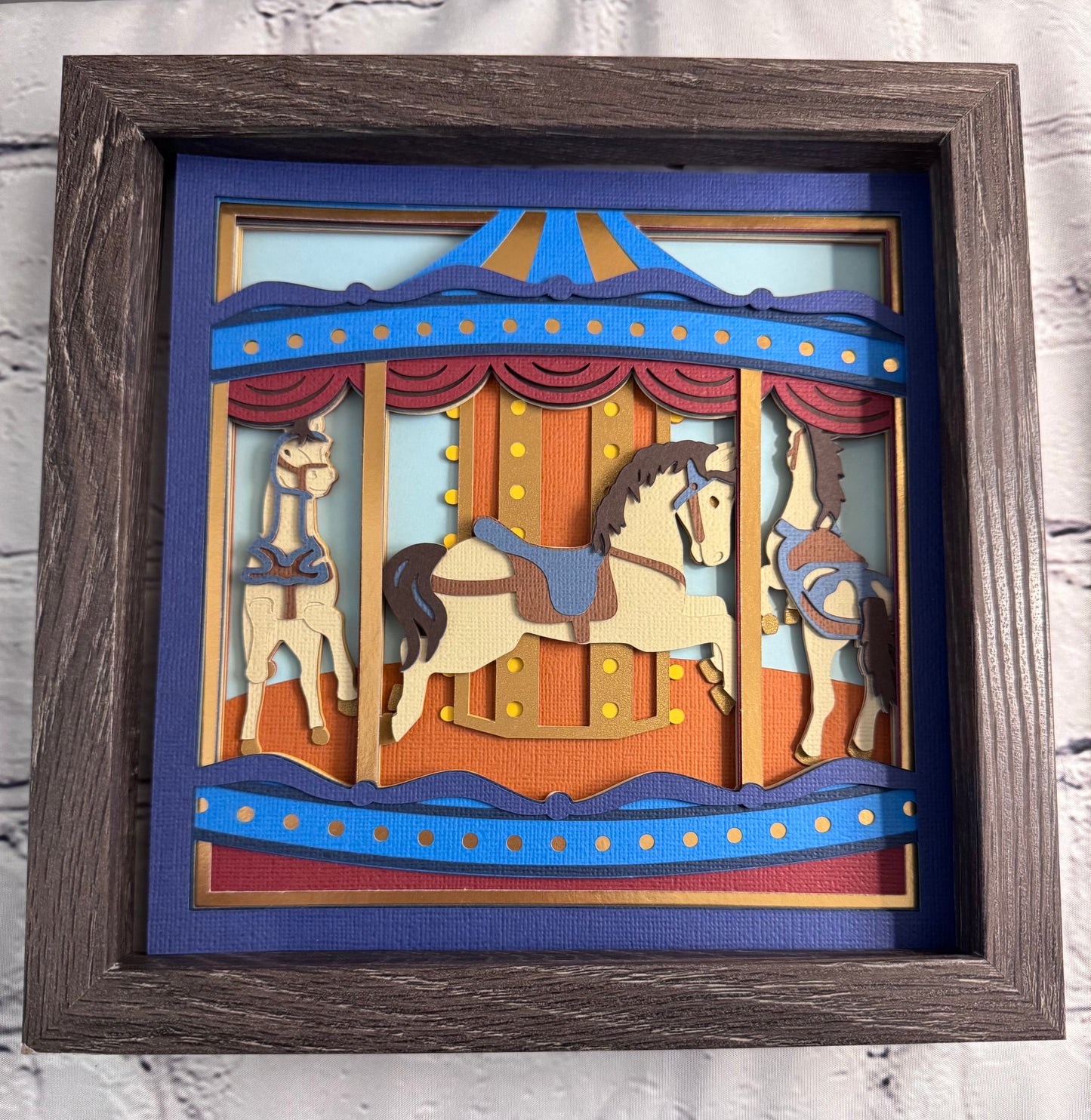 Carousel with horses 3D paper art in a shadowbox