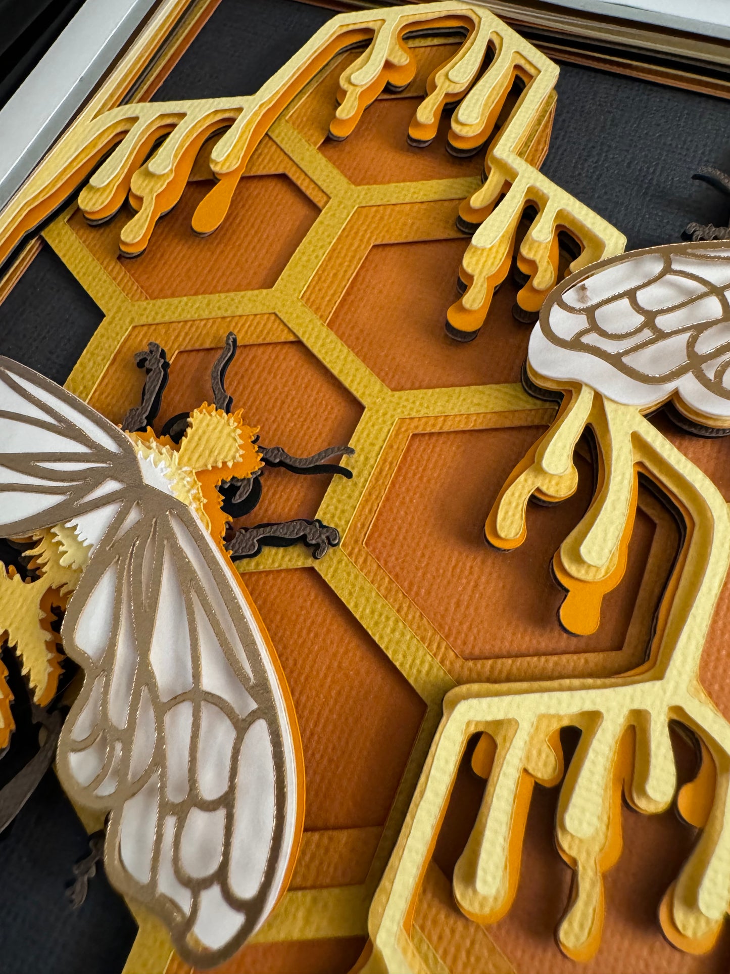 Bee scene large honeycomb with bees 3D paper art in a shadowbox