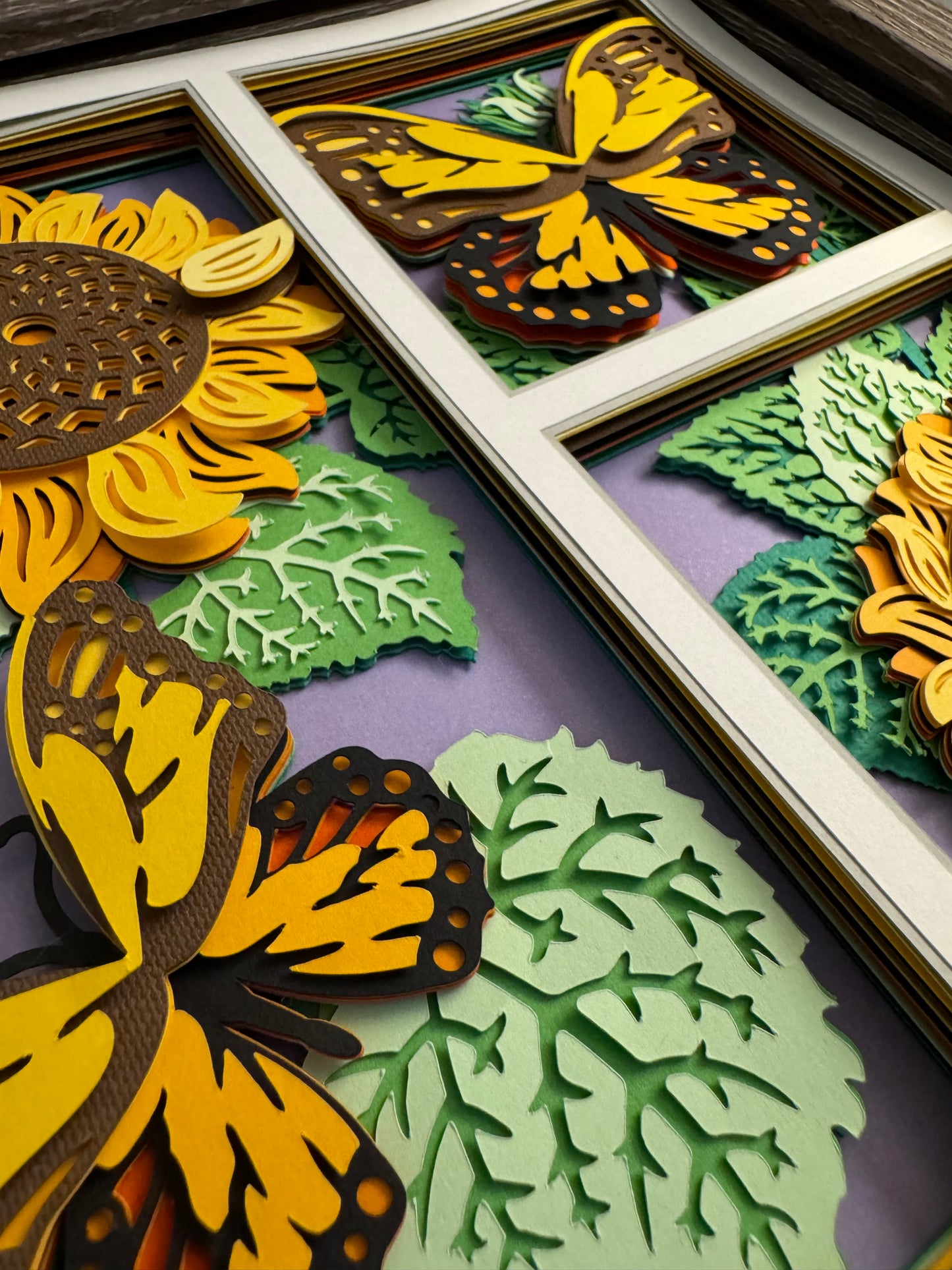 Butterfly 3 panel scene monarch butterfly with sunflowers 3D paper art in a shadowbox