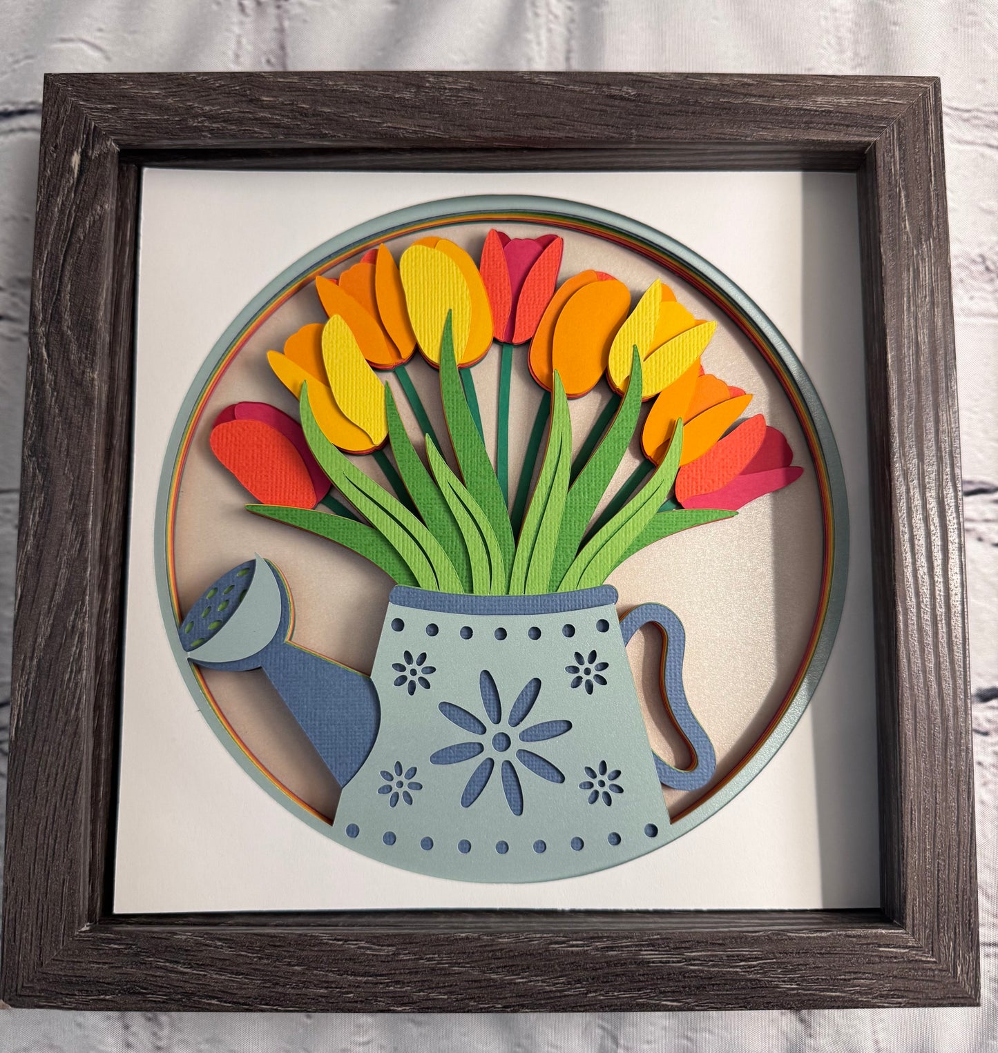Tulips in a watering can 3D paper art in a shadowbox