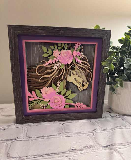 Horse with flowers 3D paper art in a shadowbox