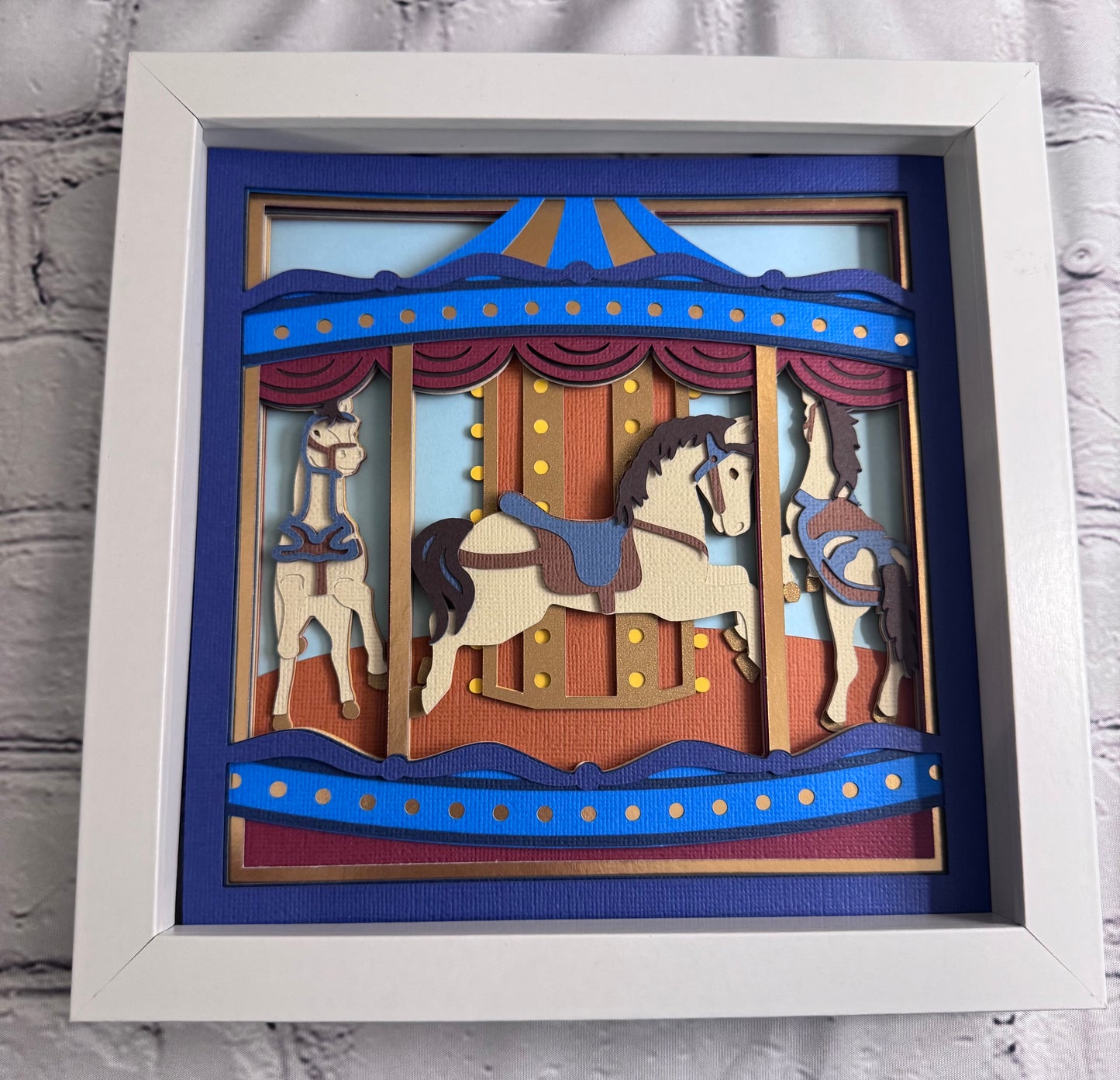 Carousel with horses 3D paper art in a shadowbox