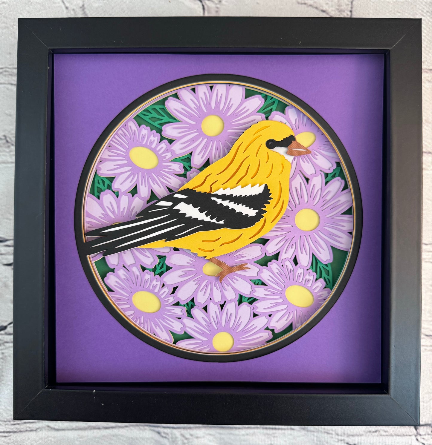 Goldfinch on purple flowers 3D paper art in a shadowbox