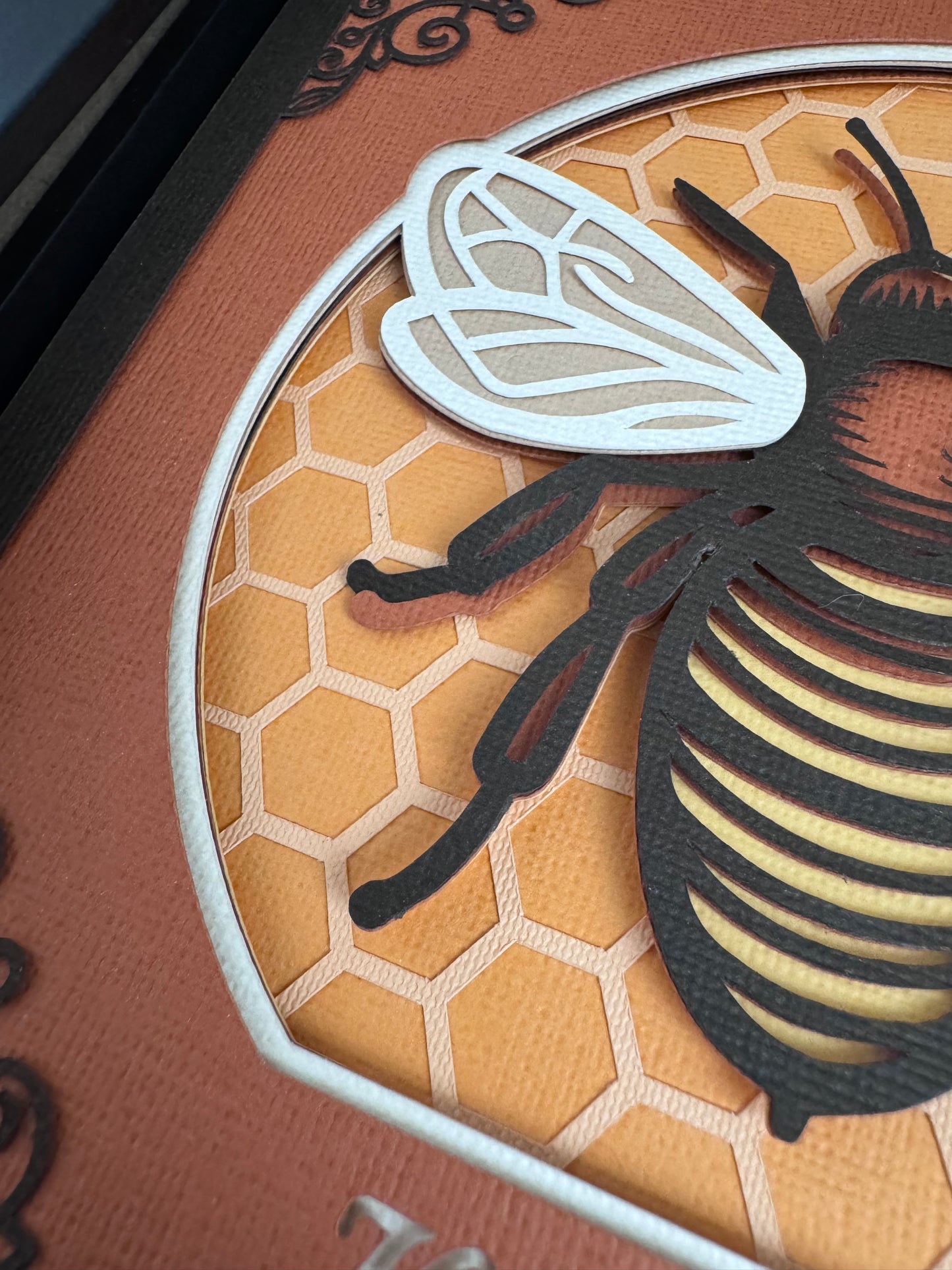 Intricate frame bumble bee 3D paper art in a shadowbox