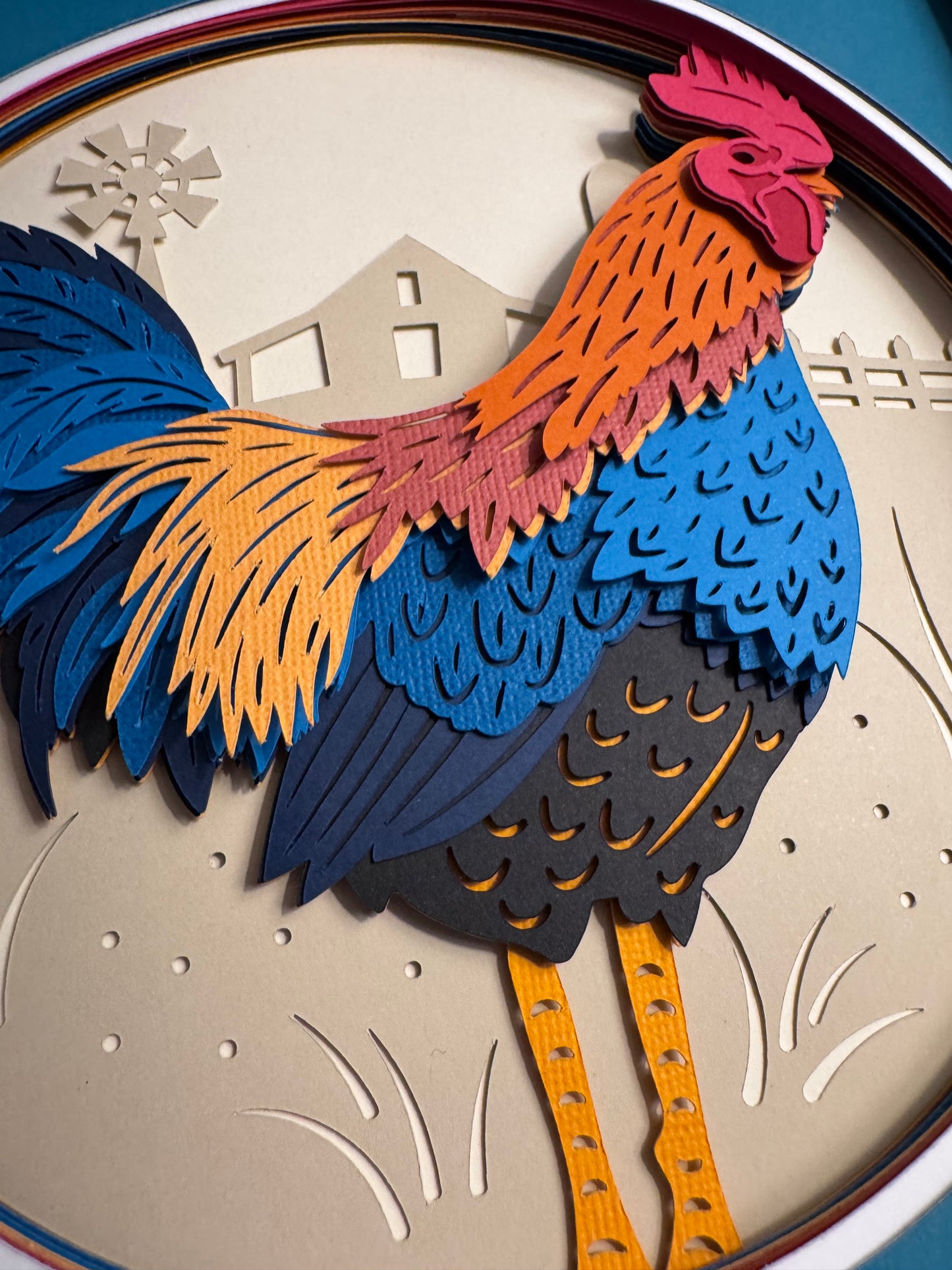 Rooster 3D paper art in a shadowbox