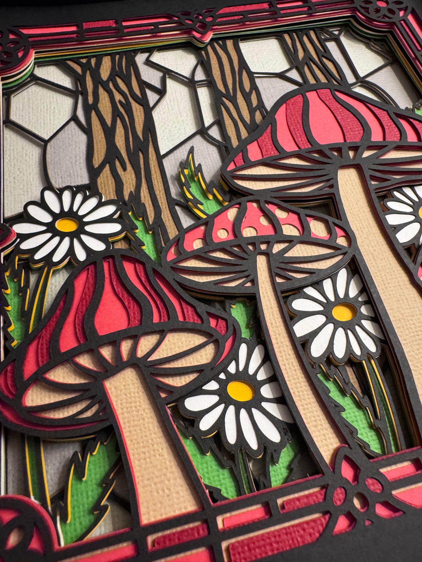 Stained glass mushroom forest 3D paper art in a shadowbox