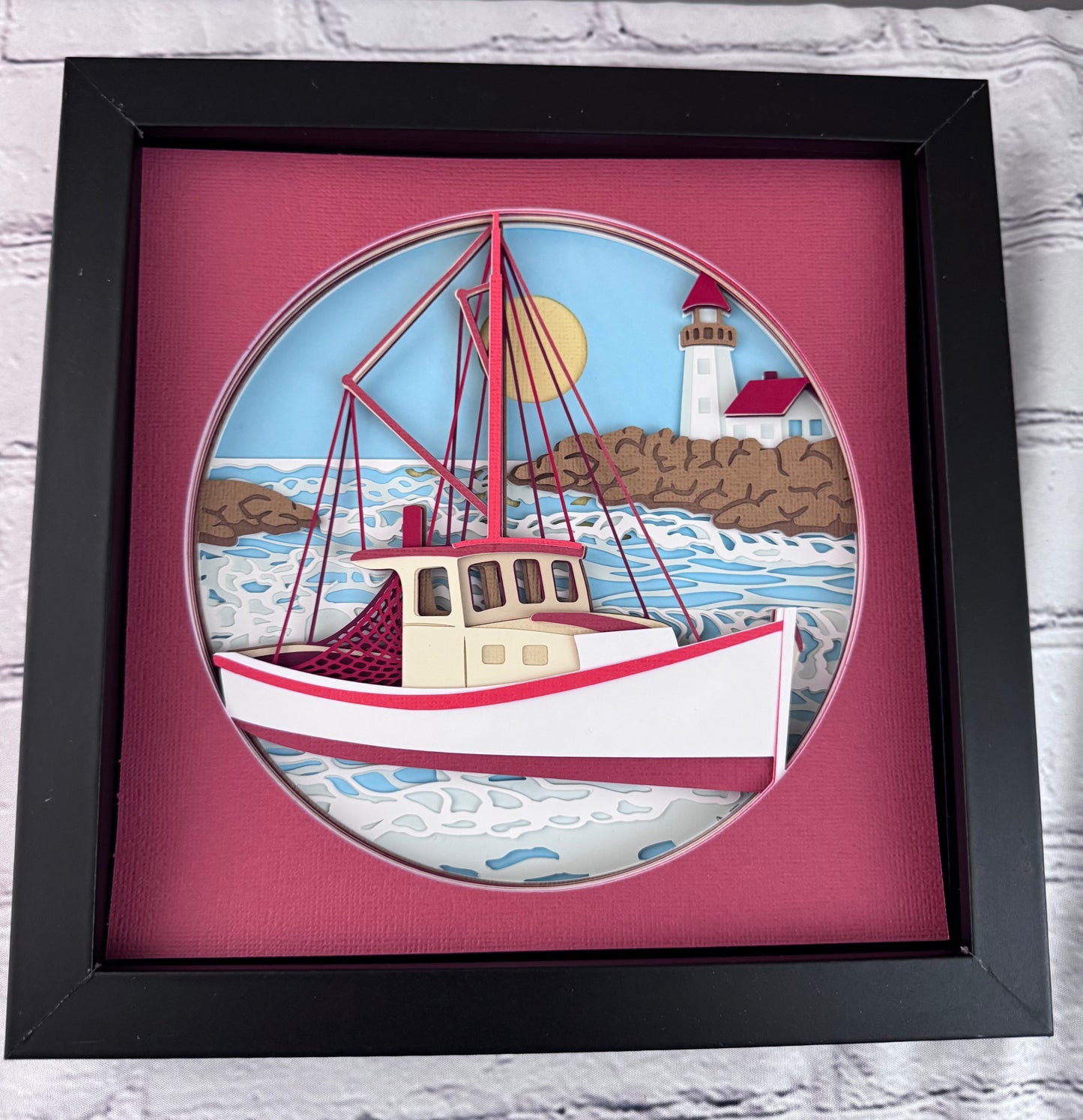 Fishing boat 3D paper art in a shadowbox
