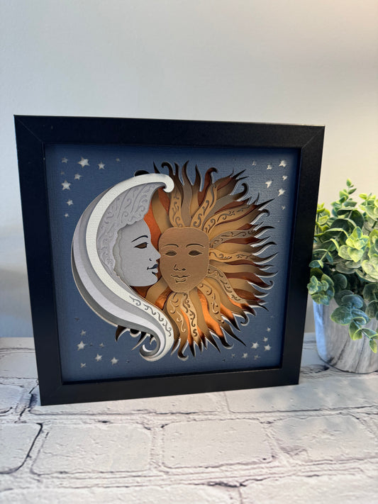 Celestial sun and moon faces3D paper art shadowbox