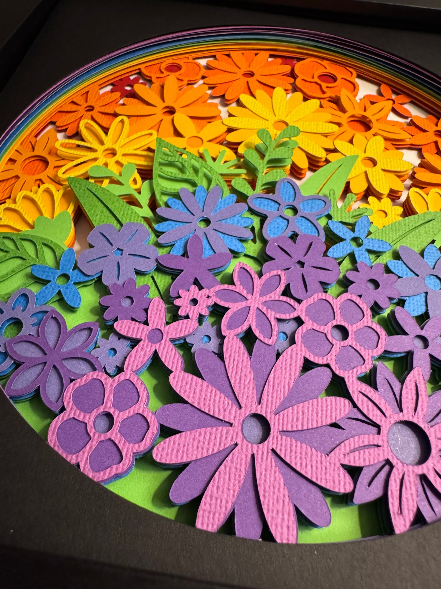 Rainbow flowers 3D paper art in a shadowbox