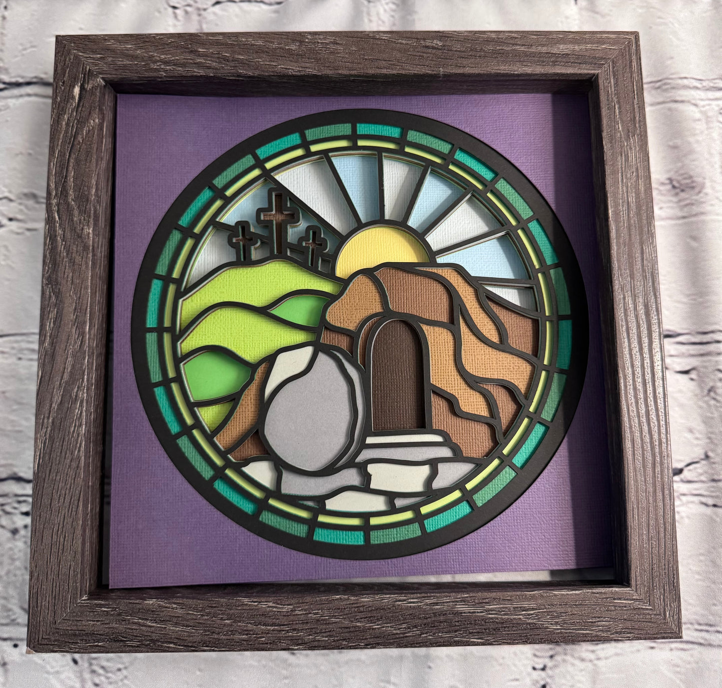 Stained glass empty tomb 3D paper art in a shadowbox
