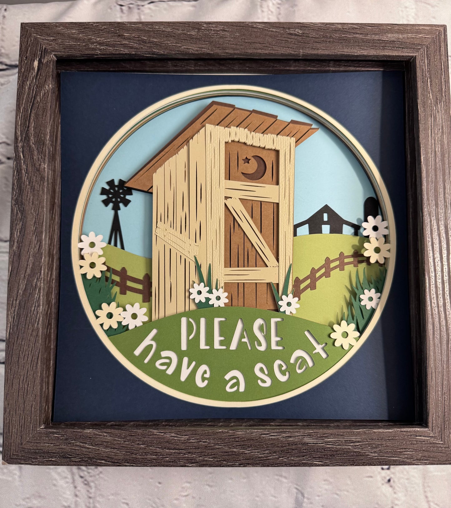 Have a seat outhouse 3D paper art in a shadowbox