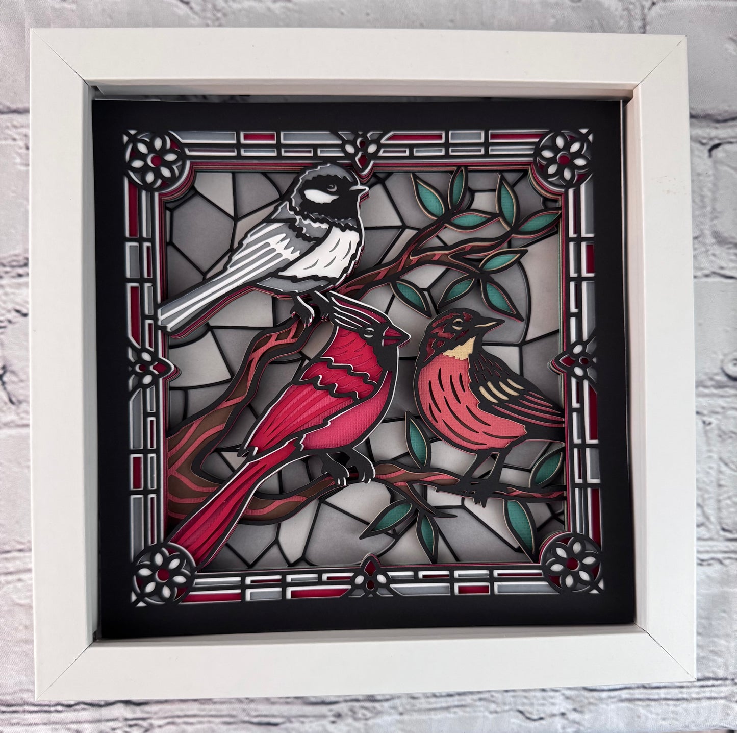 Stained glass redbird and flowers 3D paper art in a shadowbox