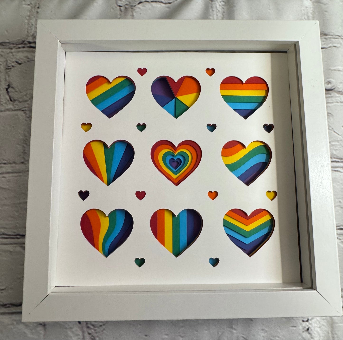 Rainbow hearts pride 3D paper art in a shadowbox
