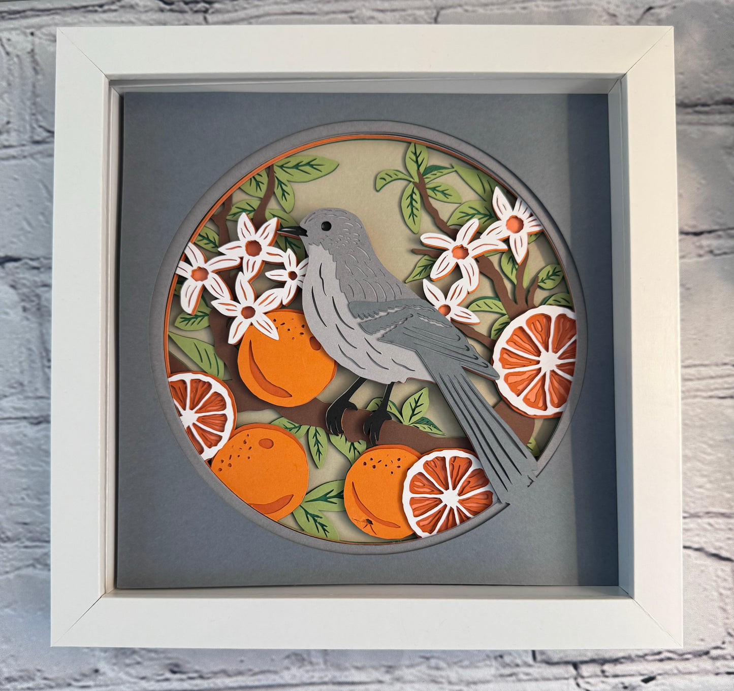 Mockingbird with oranges, Florida state bird 3D paper art in a shadowbox