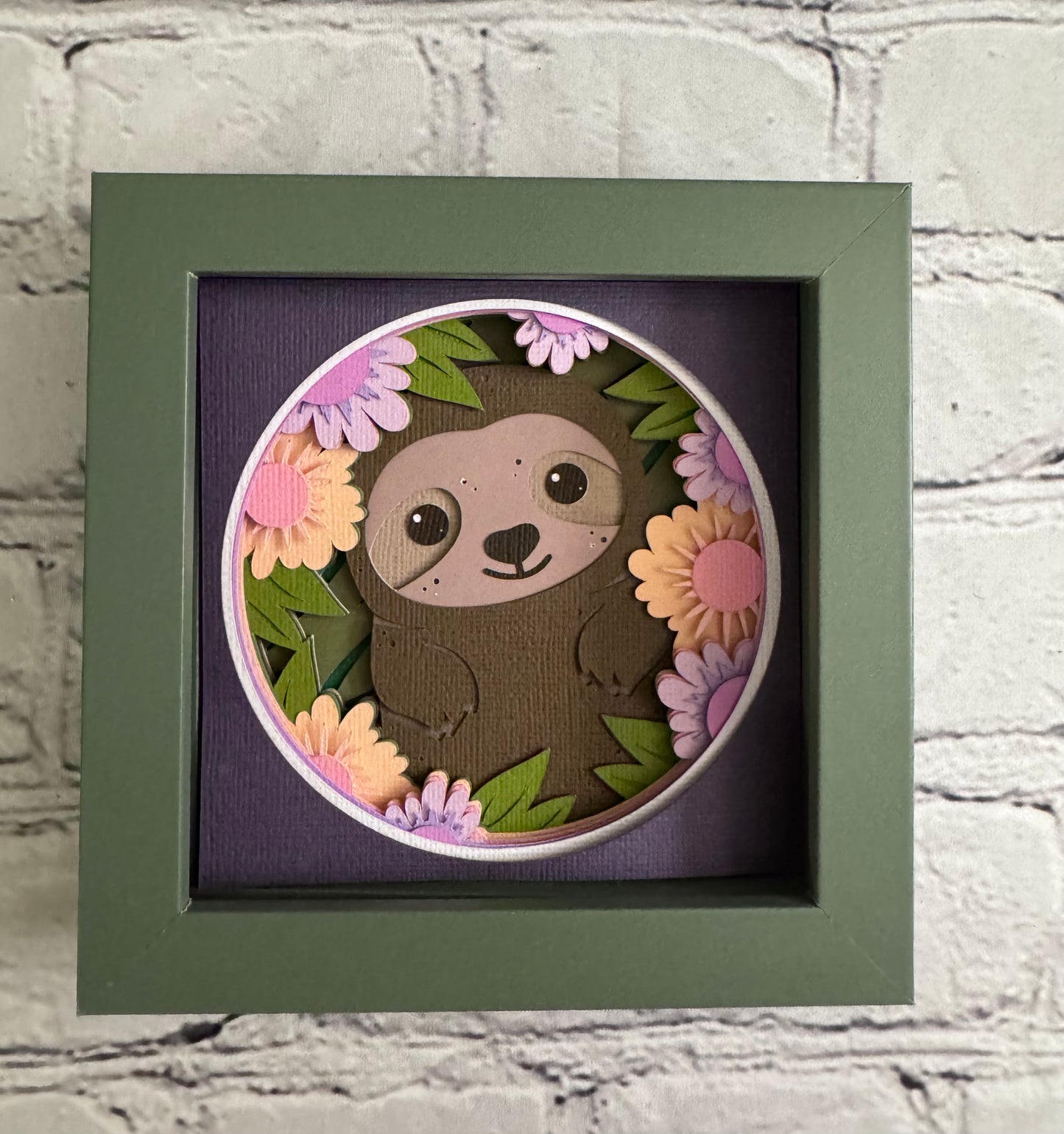 Sloth in flowers mini 3D paper art in a shadowbox
