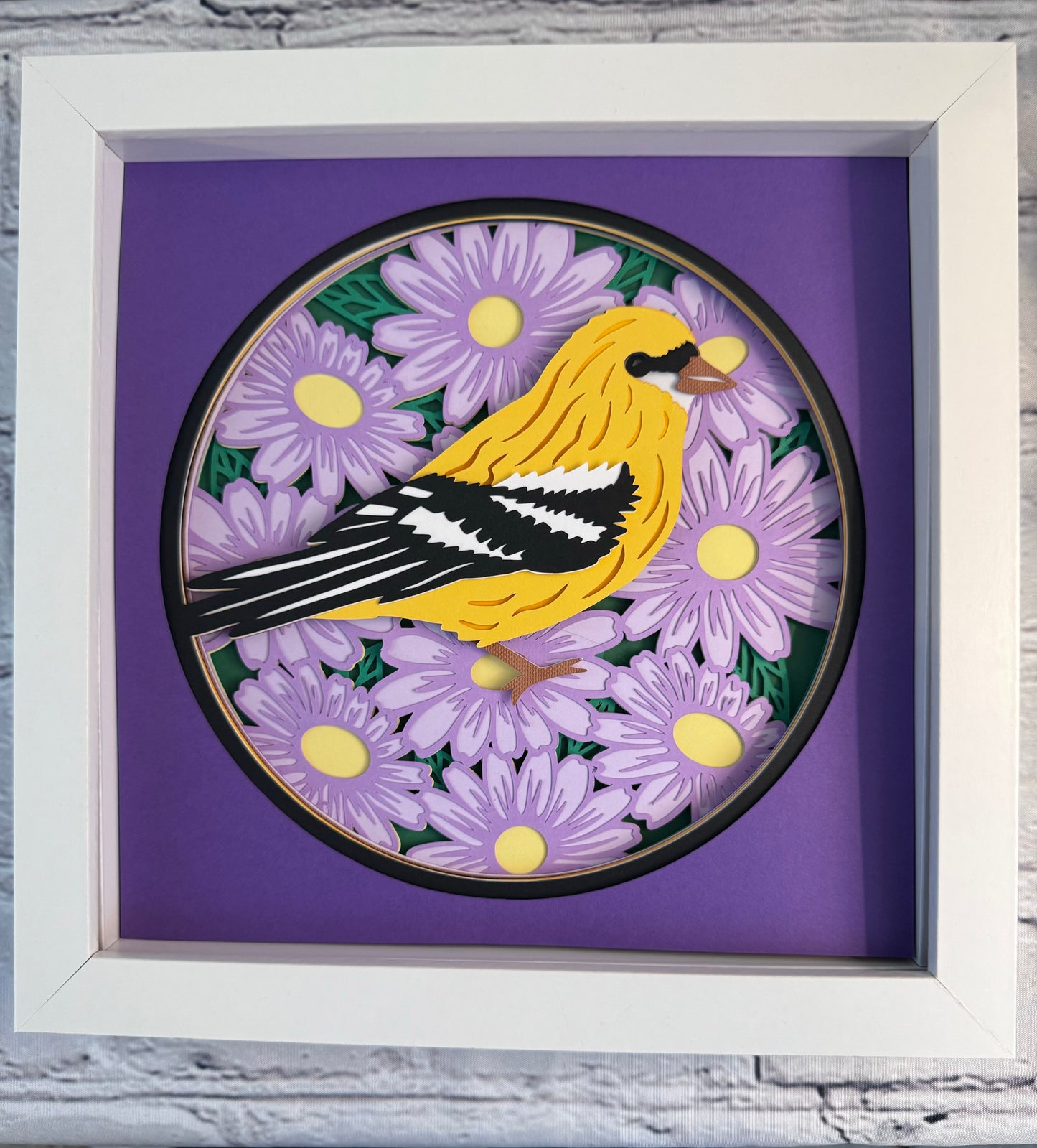 Goldfinch on purple flowers 3D paper art in a shadowbox