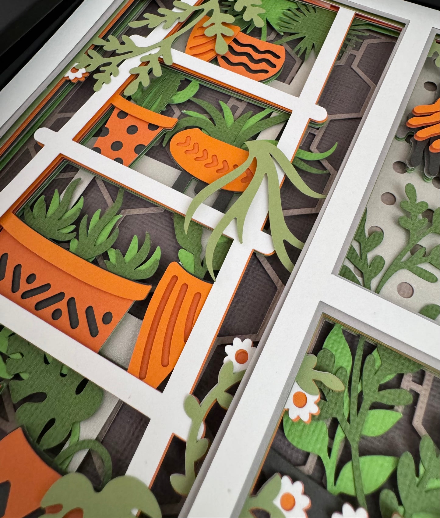 Gardening scene three panel 3D paper art in a shadowbox