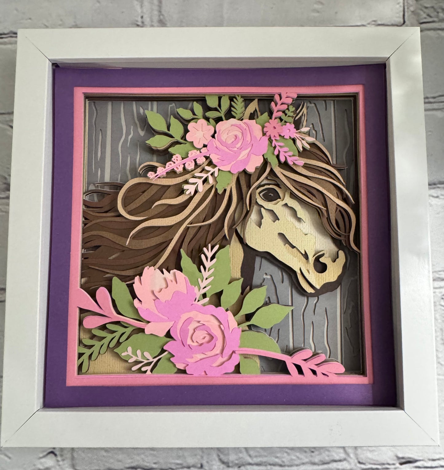 Horse with flowers 3D paper art in a shadowbox