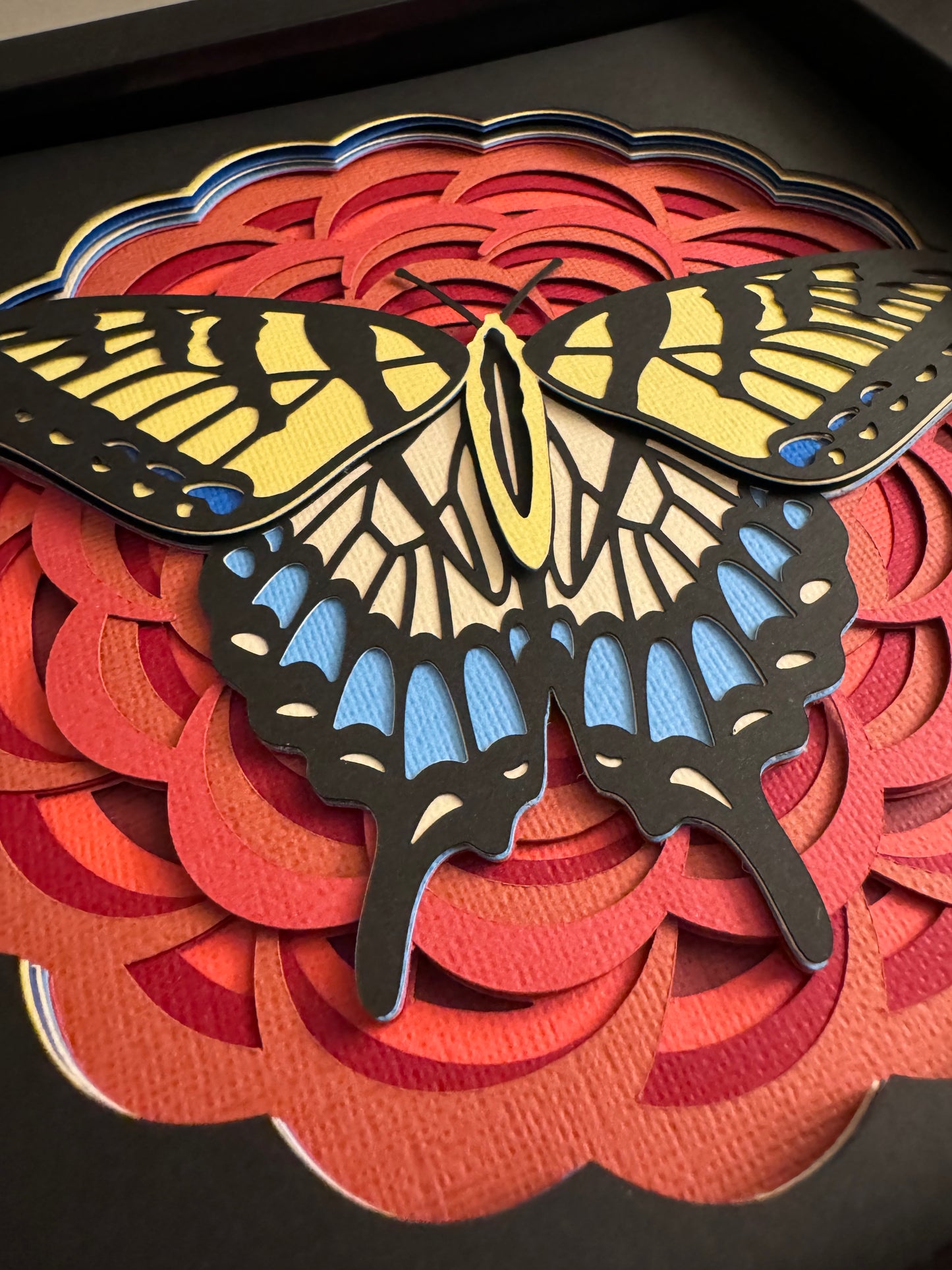 Red flower with blue and yellow butterfly 3D paper art in a shadowbox