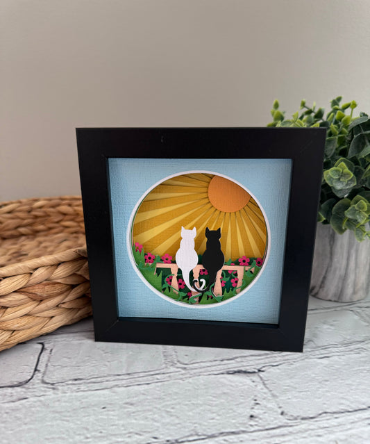 Two cats on fence with heart tails mini 3D paper art in a shadowbox