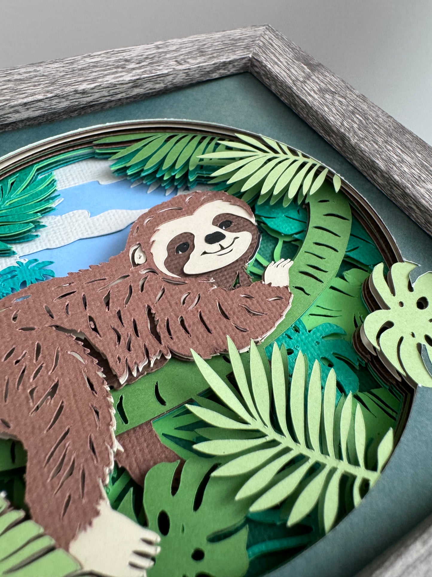 Sloth in the trees mini 3D paper art in a shadowbox
