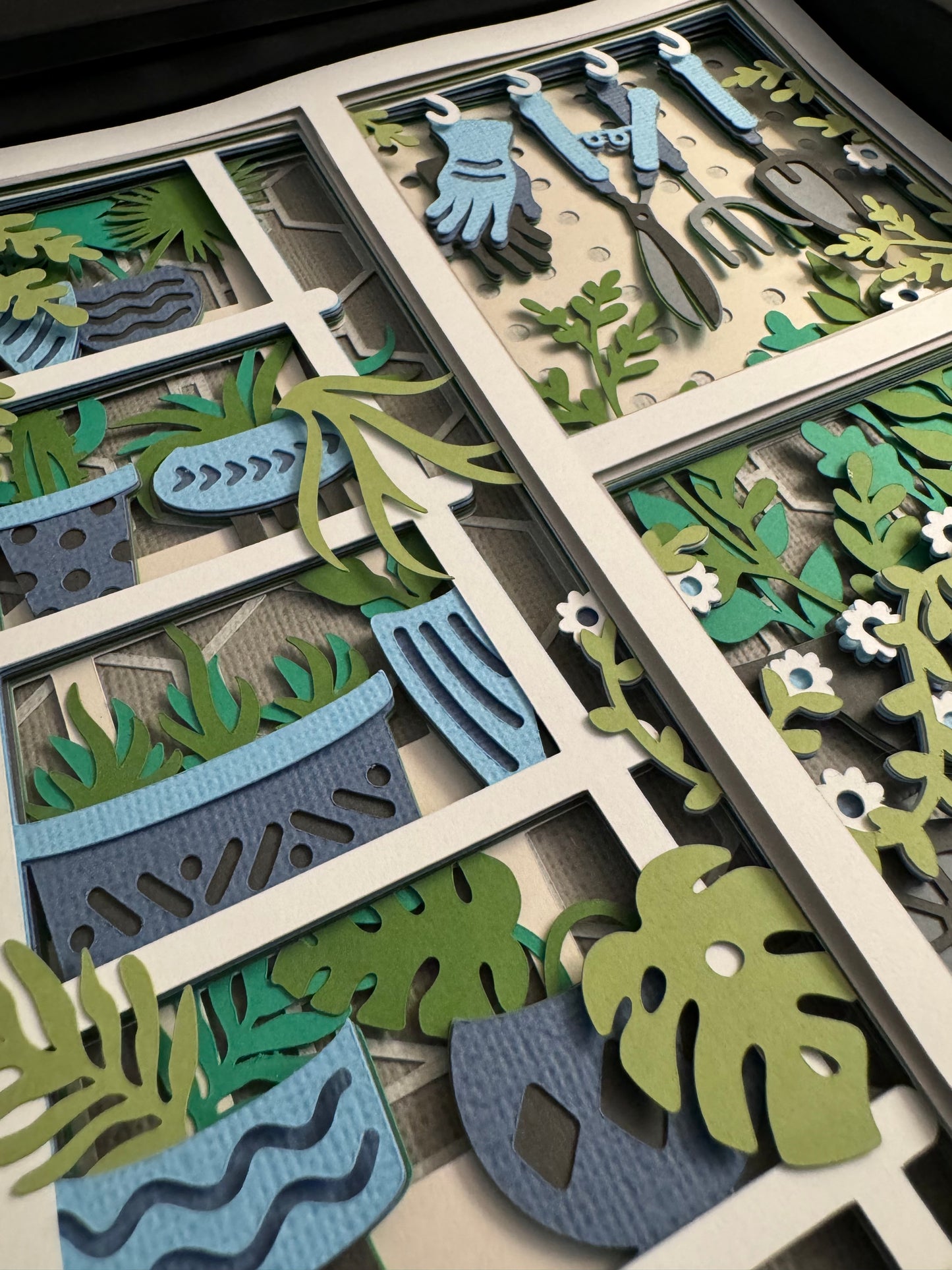 Gardening scene three panel 3D paper art in a shadowbox