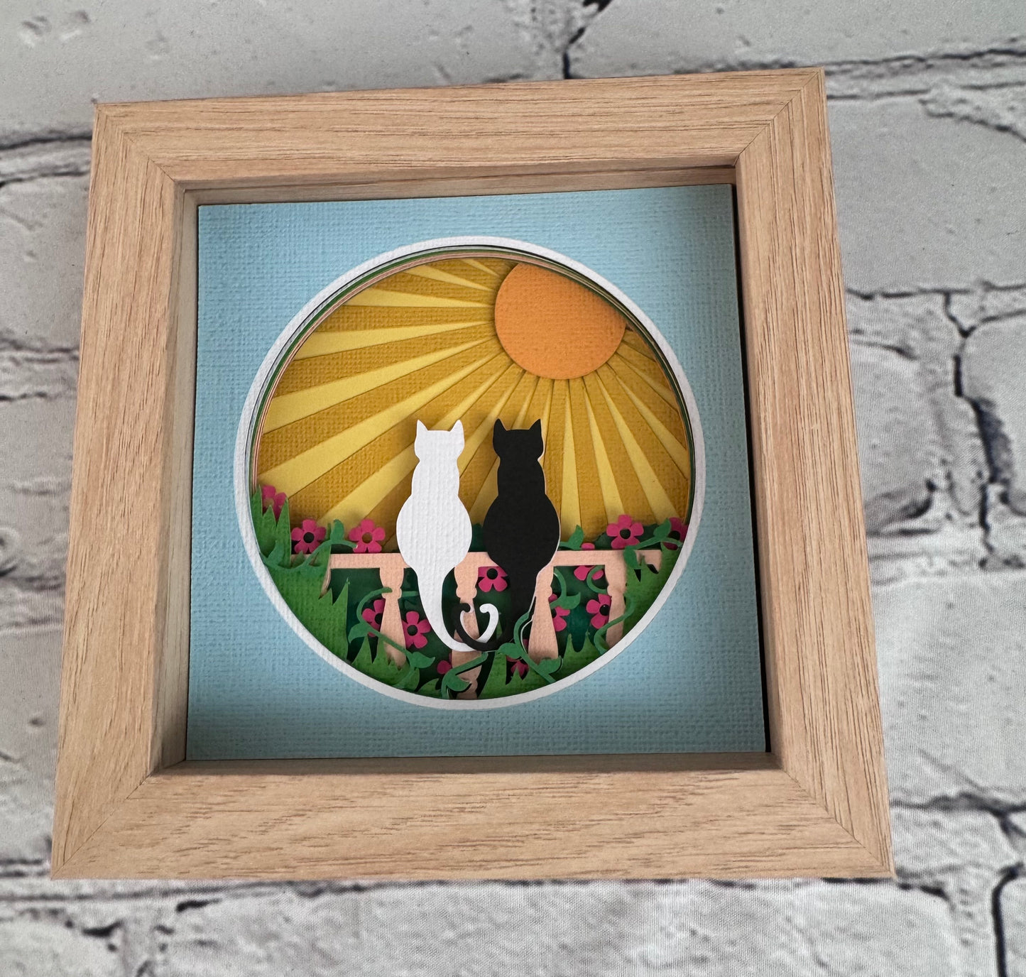 Two cats on fence with heart tails 3D paper art in a shadowbox