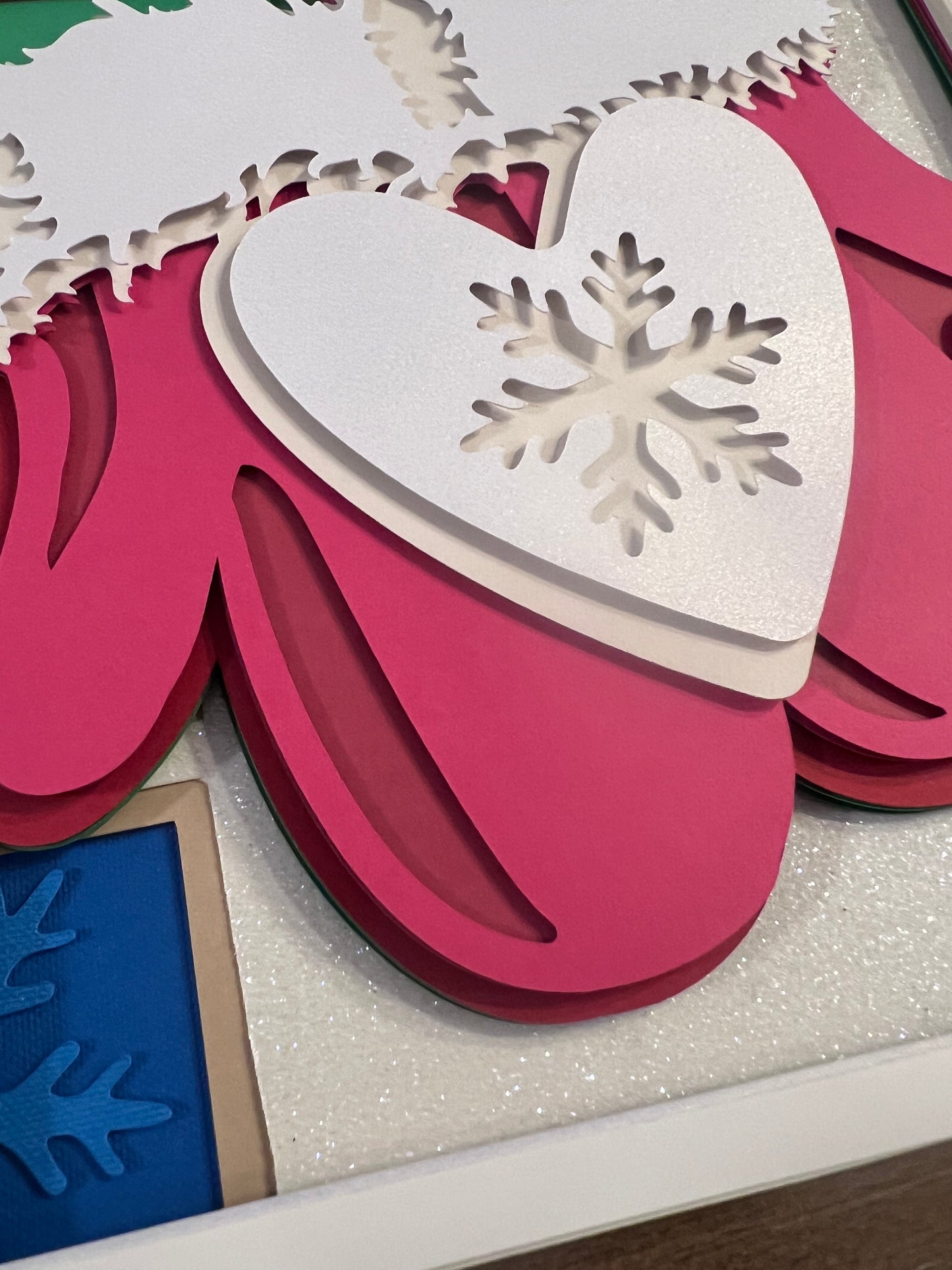 Winter mittens with heart 3D paper art in a shadowbox