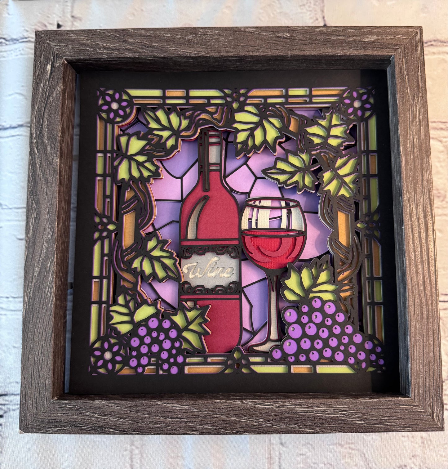 Stained glass wine 3D paper art in a shadowbox