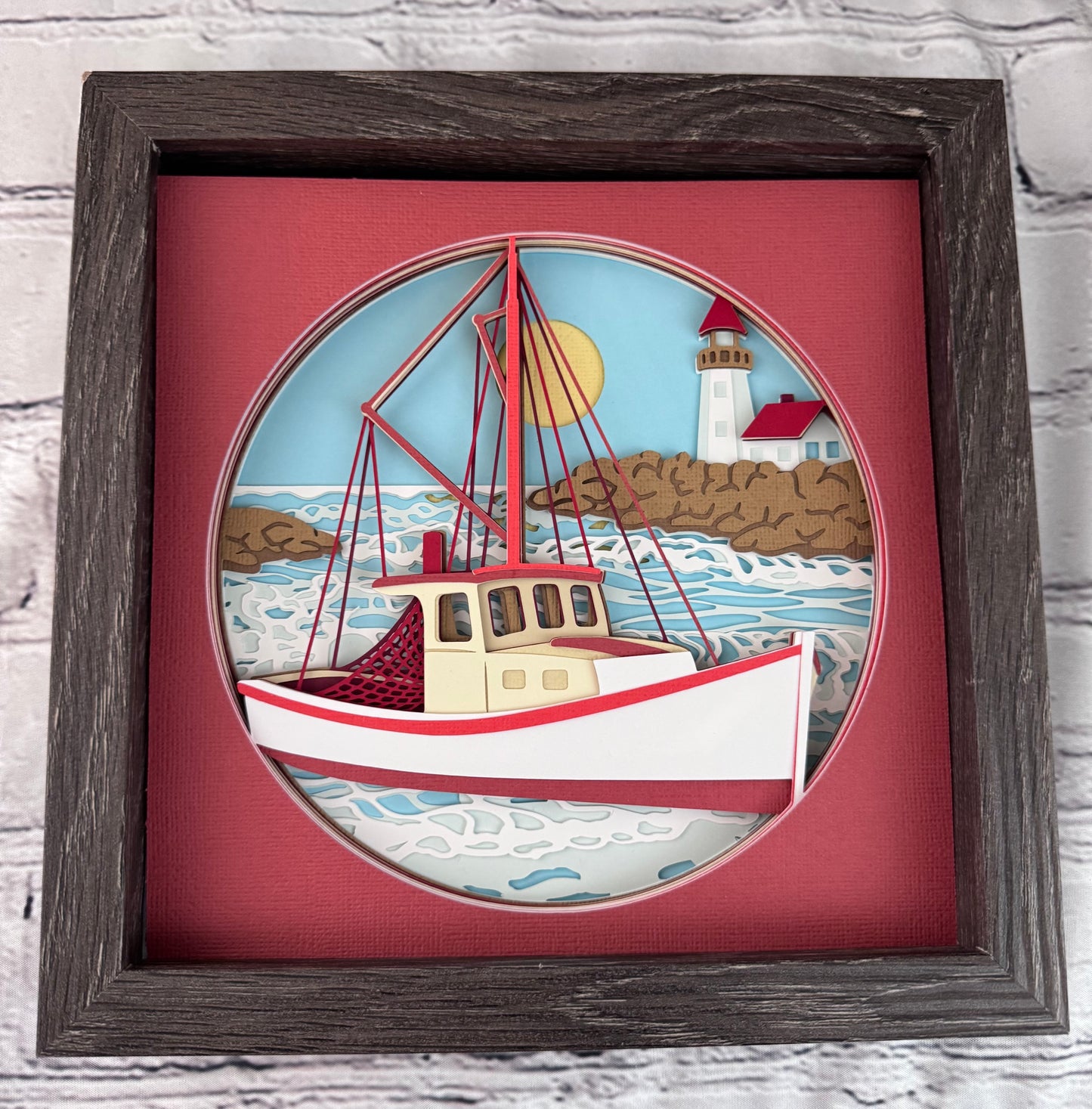 Fishing boat 3D paper art in a shadowbox