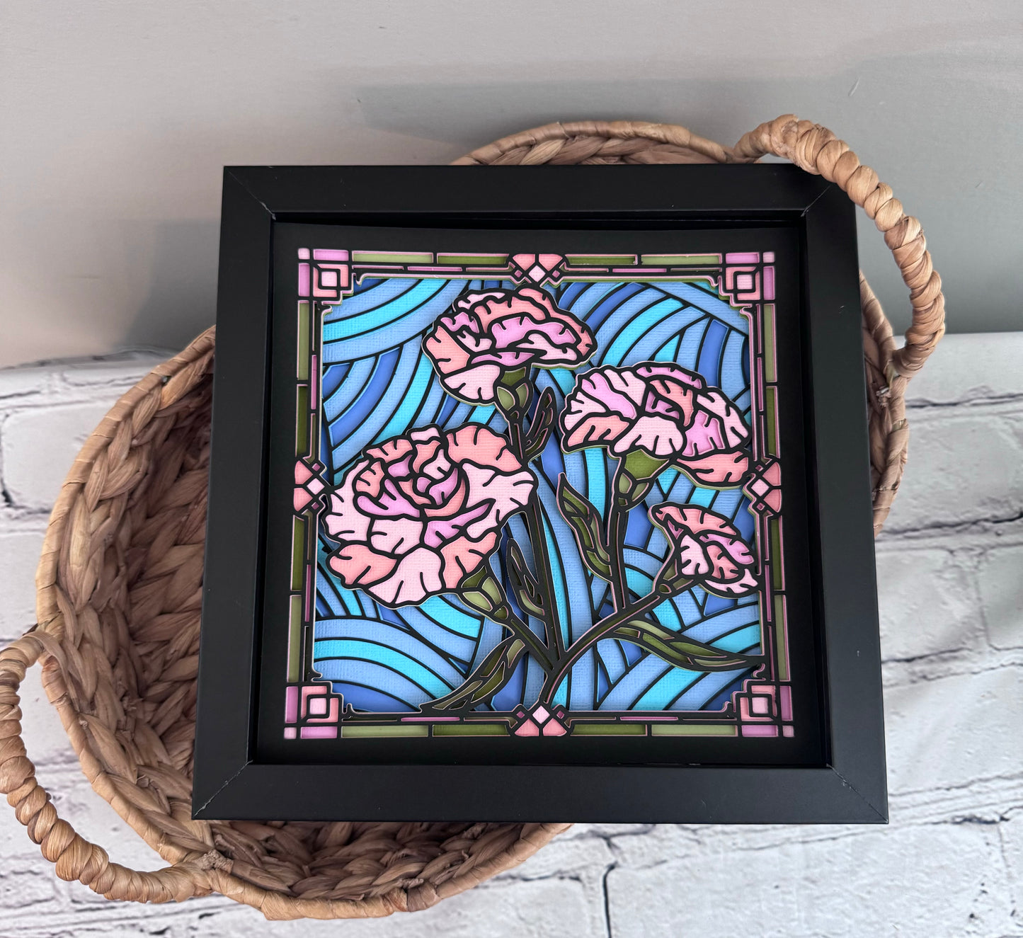Stained glass pink carnations 3D paper art in a shadowbox