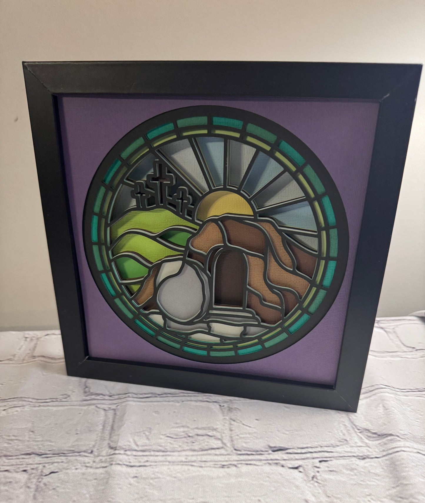 Stained glass empty tomb 3D paper art in a shadowbox