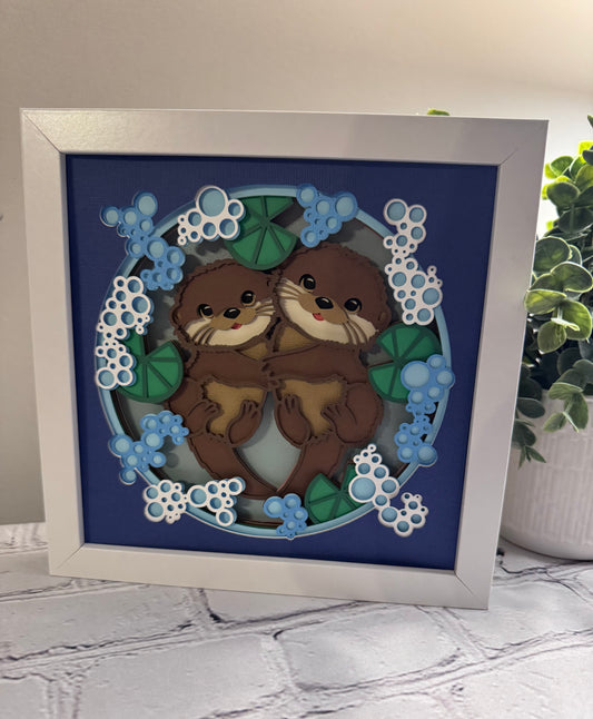 Otter couple 3D paper art in a shadowbox