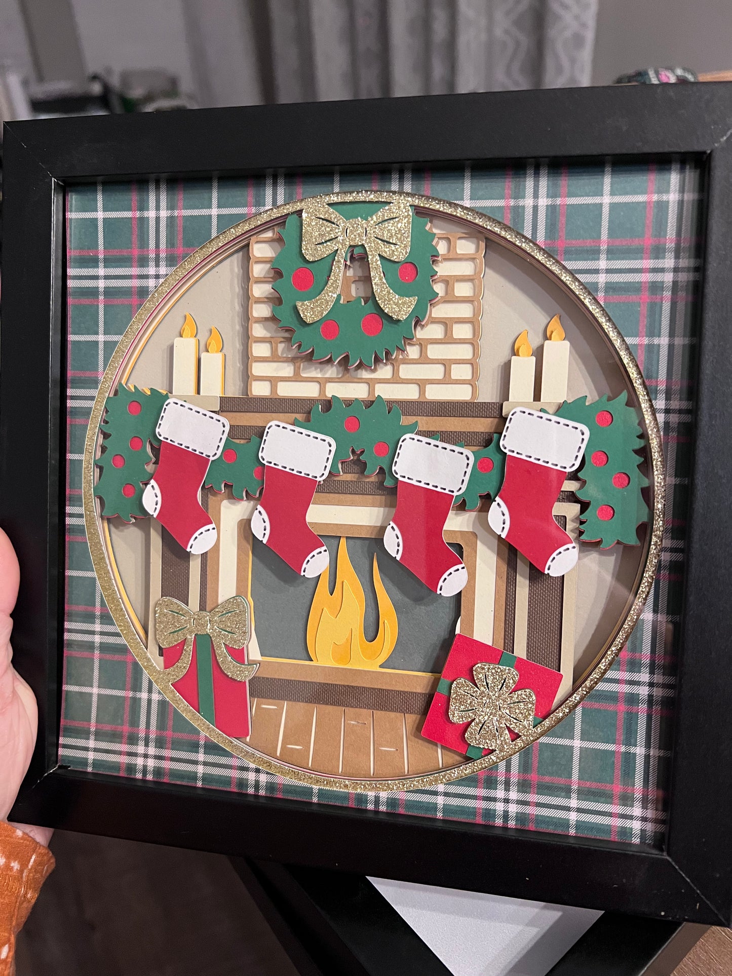 Christmas mantle with stockings 3D paper art in a shadowbox
