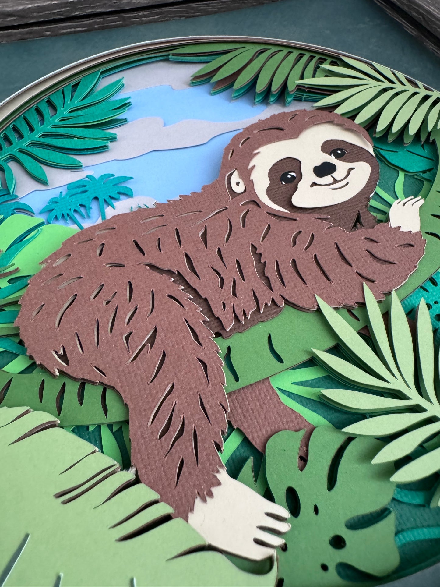 Sloth in the trees 3D paper art in a shadowbox