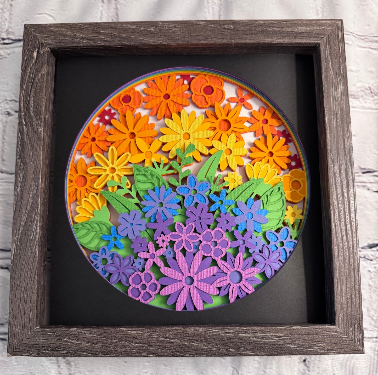 Rainbow flowers 3D paper art in a shadowbox