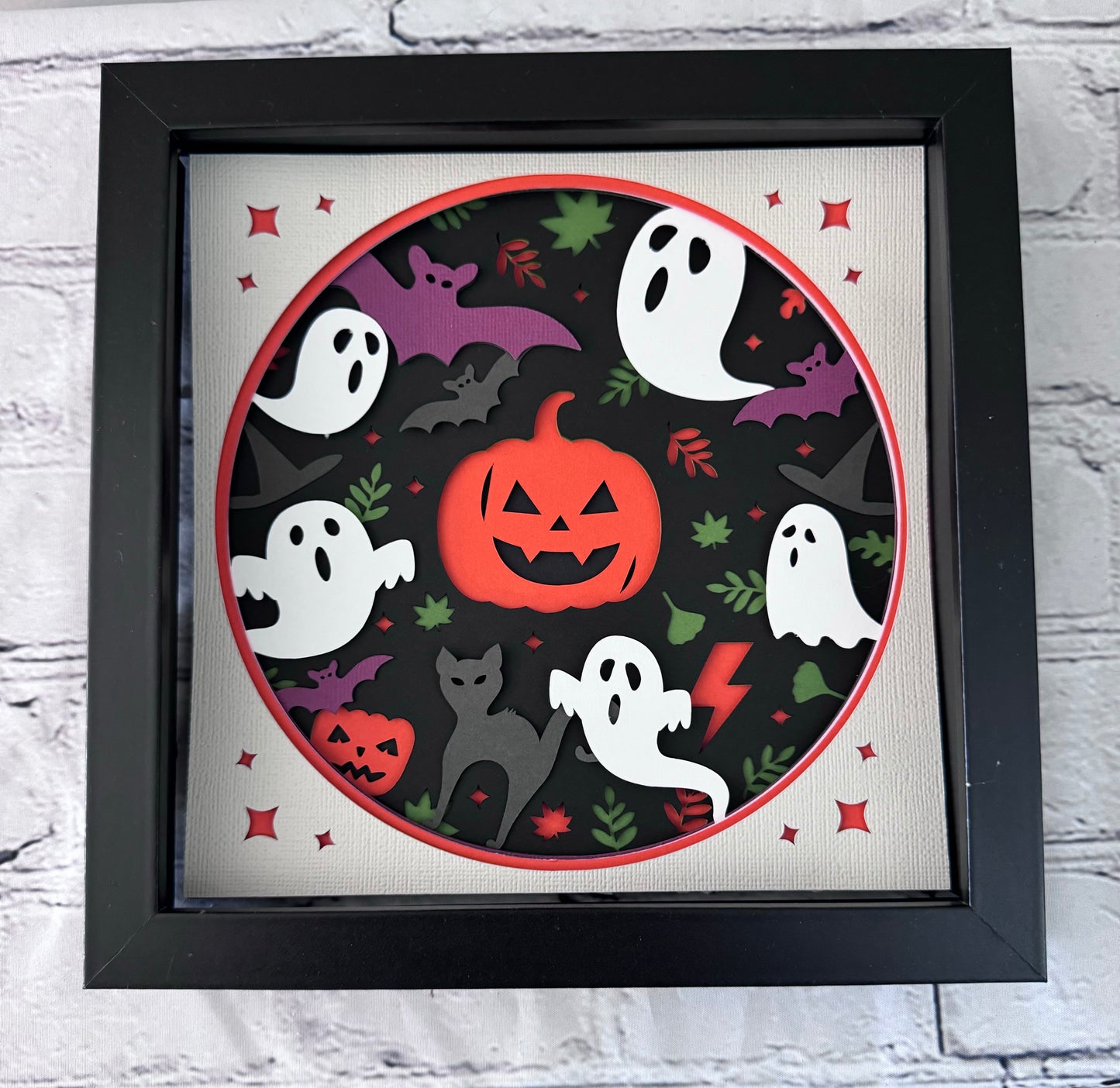 Pumpkin, ghost and bats design 3D paper art in a shadowbox