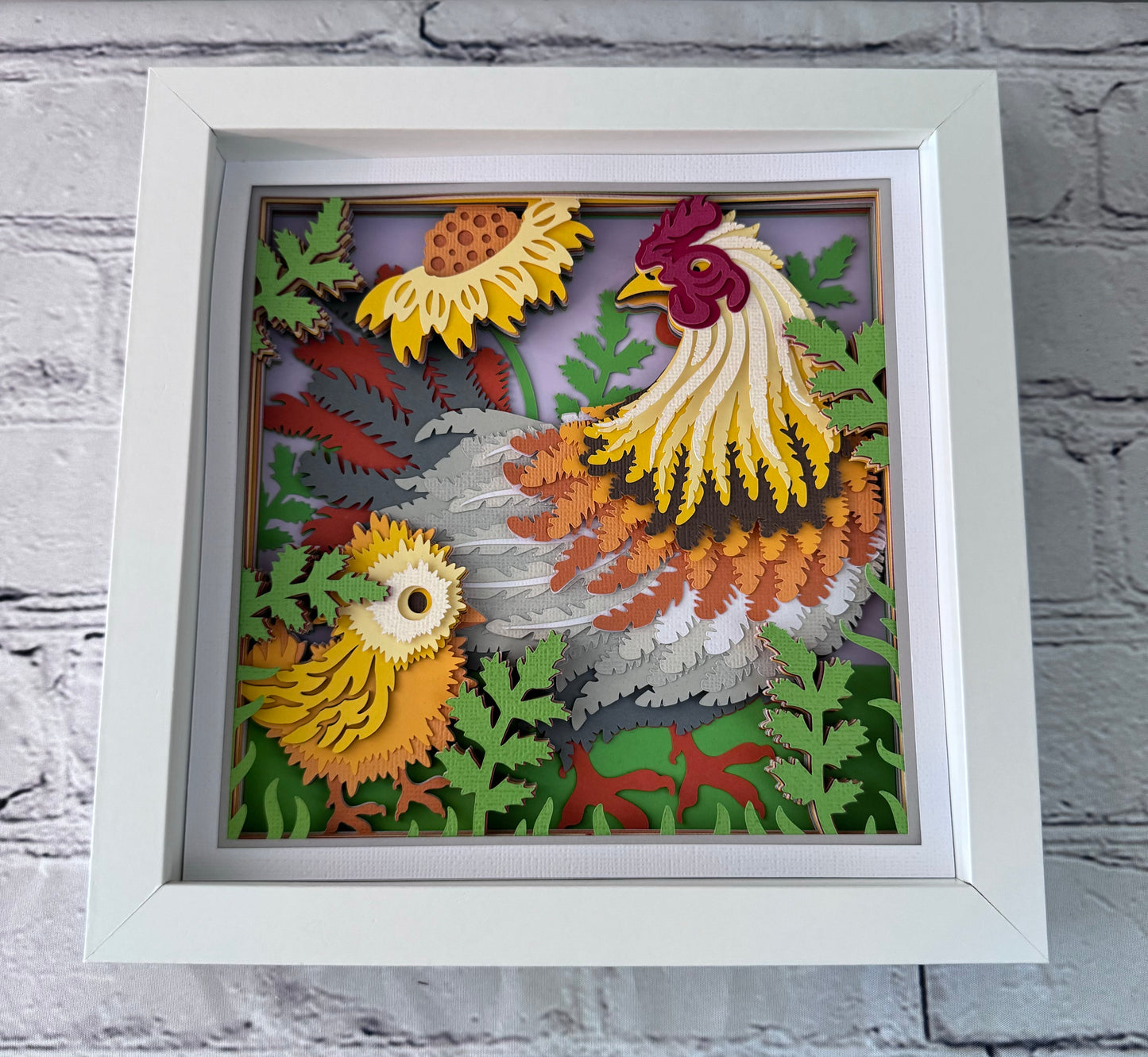 Chicken mama and chicks design 3D paper art in a shadowbox