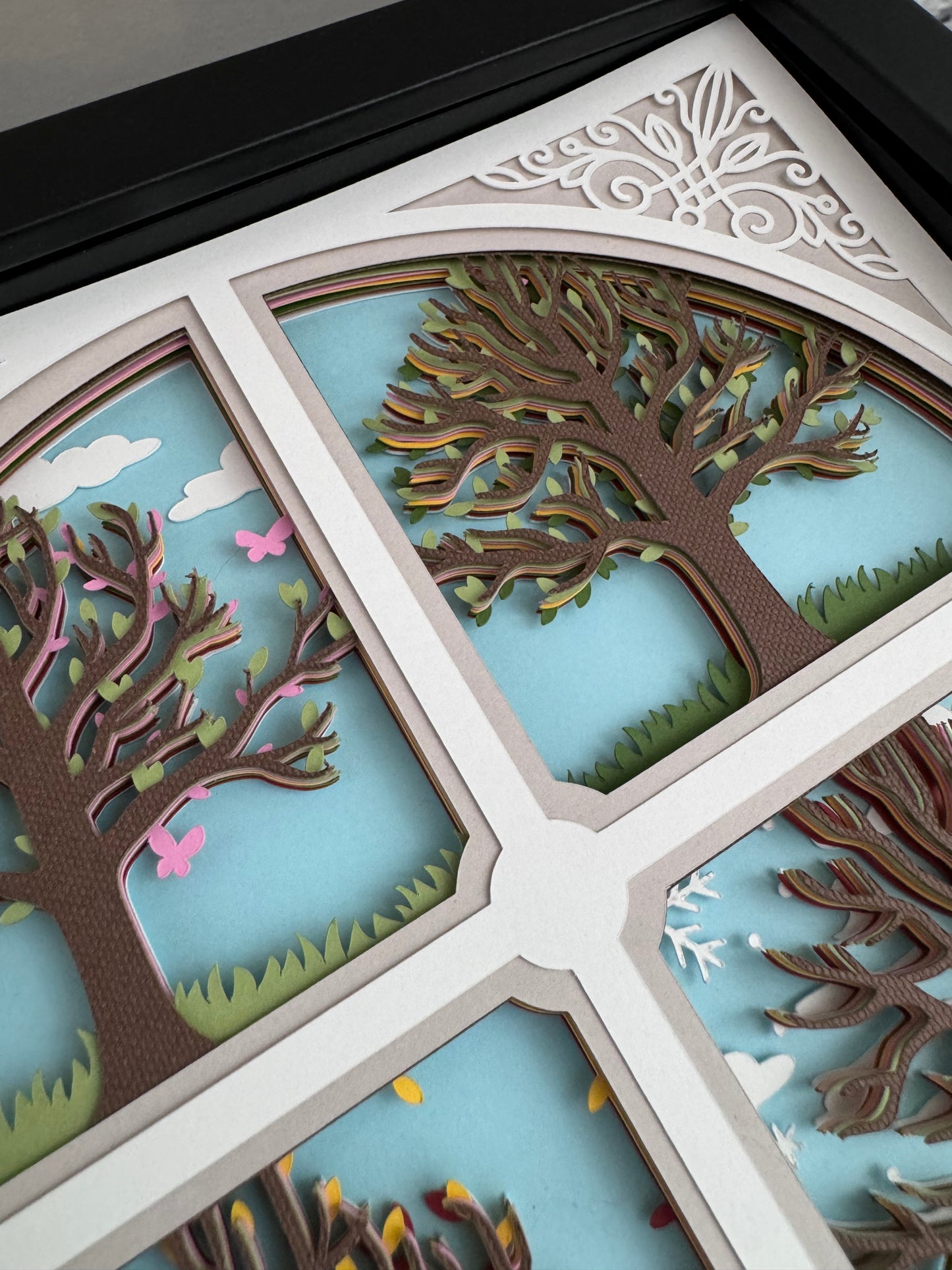 Intricate frame four seasons trees 3D paper art in a shadowbox