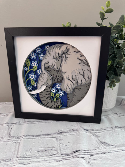 Elephant 3D paper art in a shadowbox