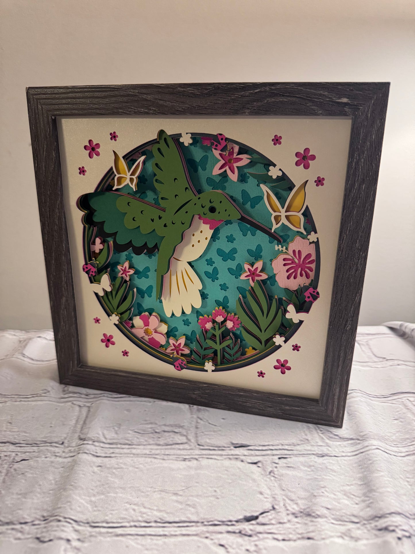 Floral hummingbird 3D paper art in a shadowbox