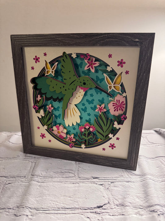 Floral hummingbird 3D paper art in a shadowbox